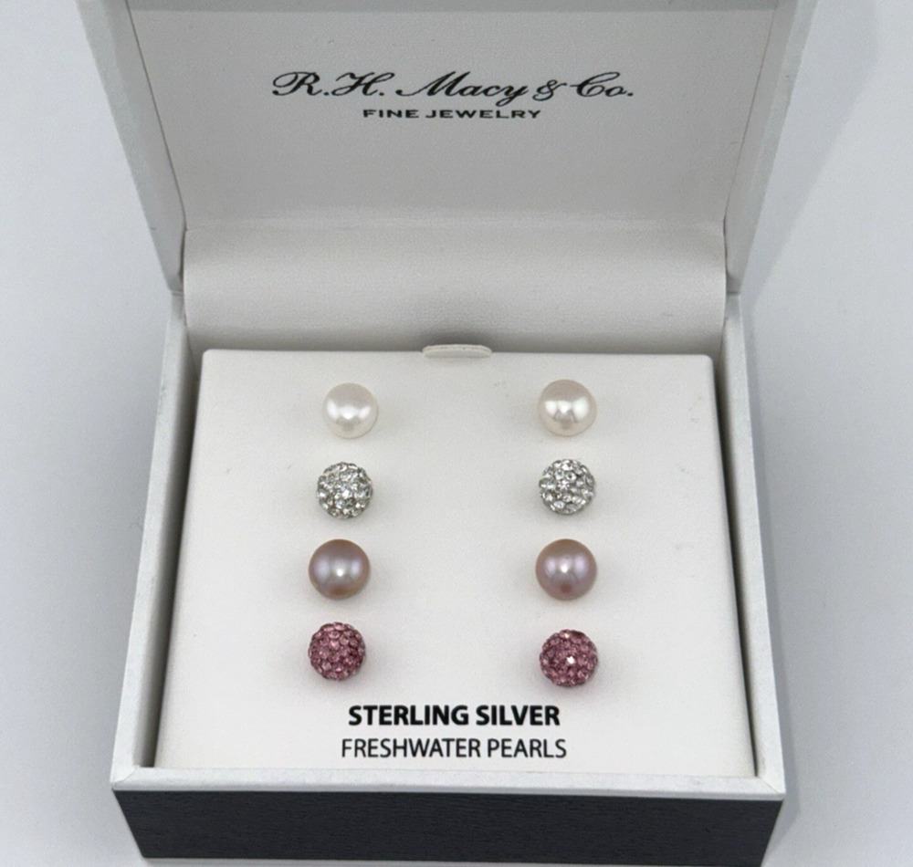 Freshwater Pearl Stud Earrings, 4 Pair Sterling Silver 8mm Crystal Fireballs NEW